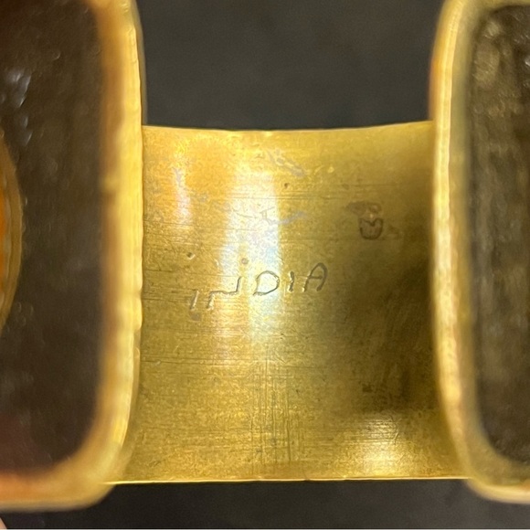 vintage brass cuff bracelet eameled 60s 70 pop design 1.5 inch thick orange red - Picture 6 of 12